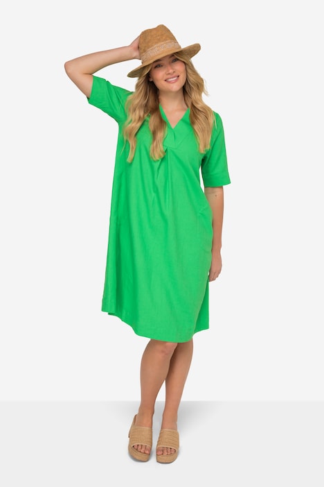 Leinenmix-Kleid, A-Line, V-Ausschnitt, Halbarm