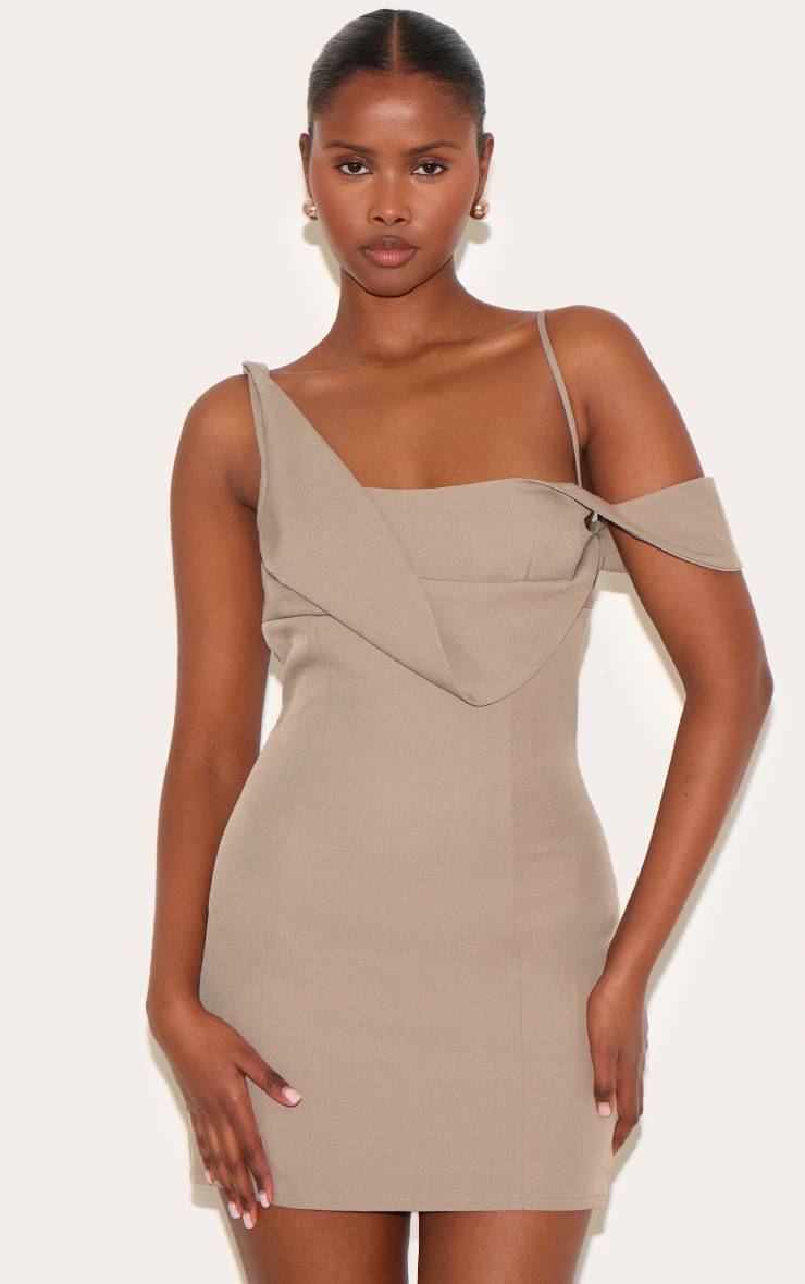 Taupe Robe Mini Drapée En Tissu Tissé