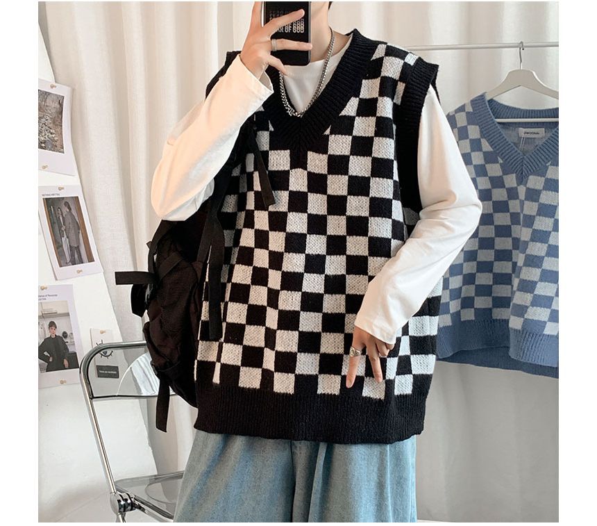 Whyessa - V-hals geruit oversized gebreid vest