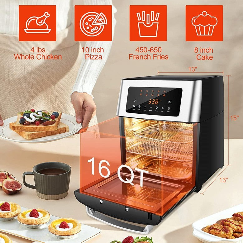 Air Fryer Toaster Oven Combo 16 Quart, 1500W Countertop Convection Roaster with 10 in 1 Smart Cook Presets, Rotisserie, Dehydrator, Rolling Lock Function with 5 Accessories Auto Shut Off