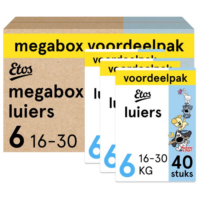 Etos Woezel & Pip Luiers Extra Large Megabox Voordeelpak Maat 6 16-30 kg120 stuks