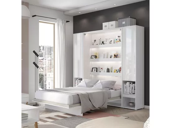 Lit escamotable vertical avec étagères blanc brillant Noby 90x200-