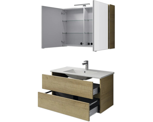 Badkamermeubelset Pelipal Cavallino (B x H x D 100 x 200 x 46 cm), frontkleur: Riviera eiken, met witte keramische wastafel, badmeubel en spiegelkast met LED-verlichting