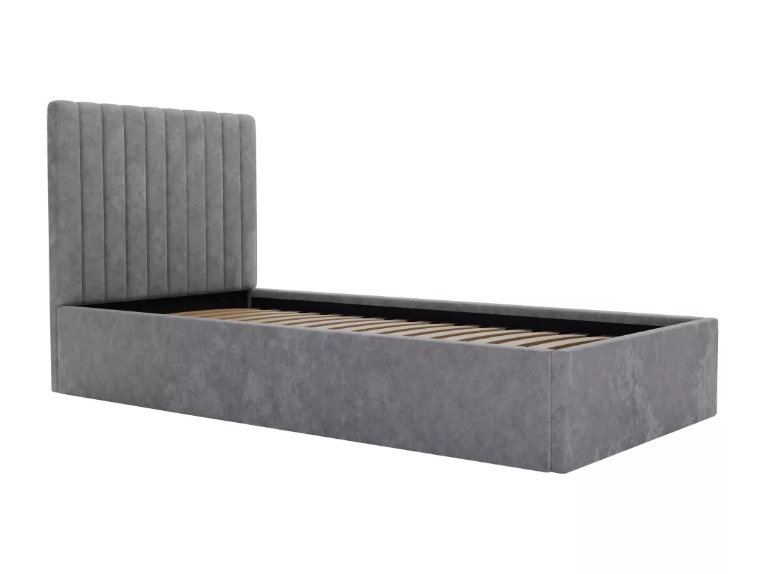Lit coffre 90 x 190 cm avec tête de lit coutures verticales - Tissu - Gris + Matelas - SARAH