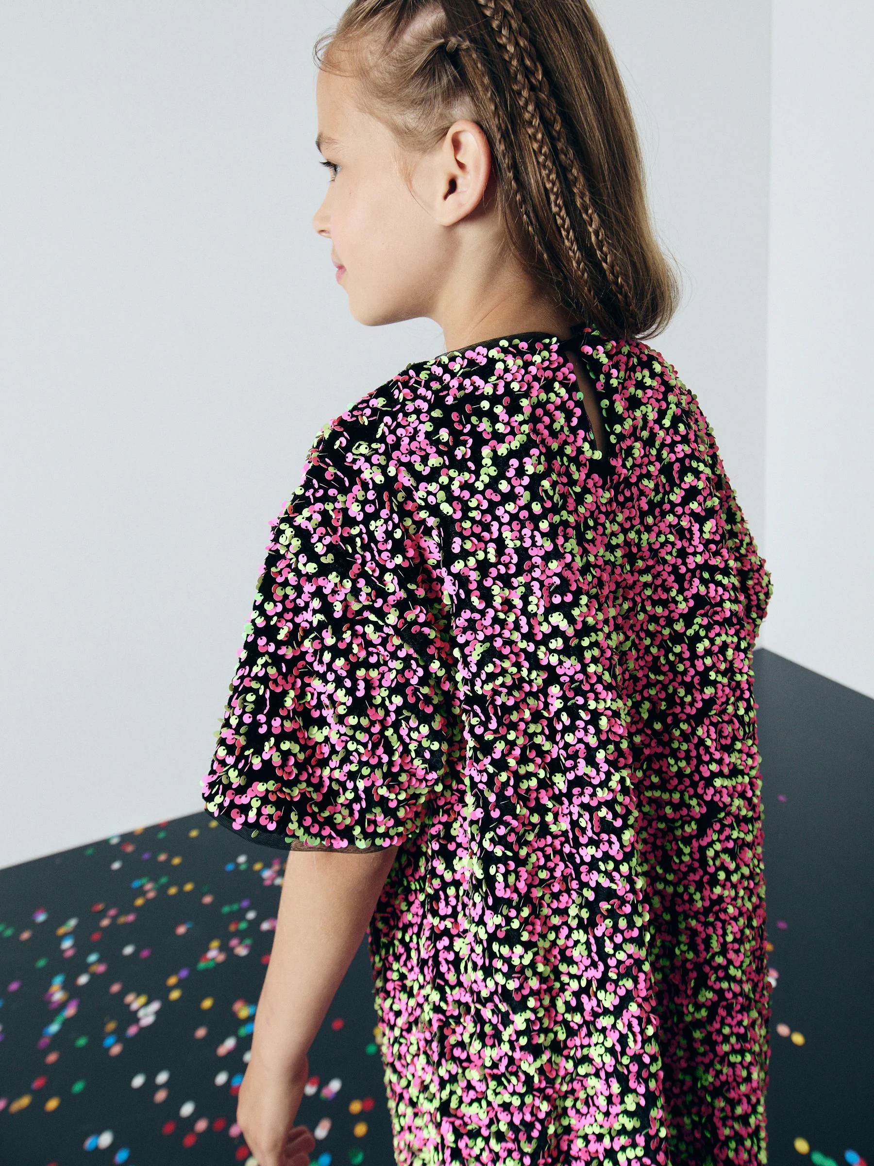 Roze/groen - Velours pailletten feestjurk (3 - 16 jr)