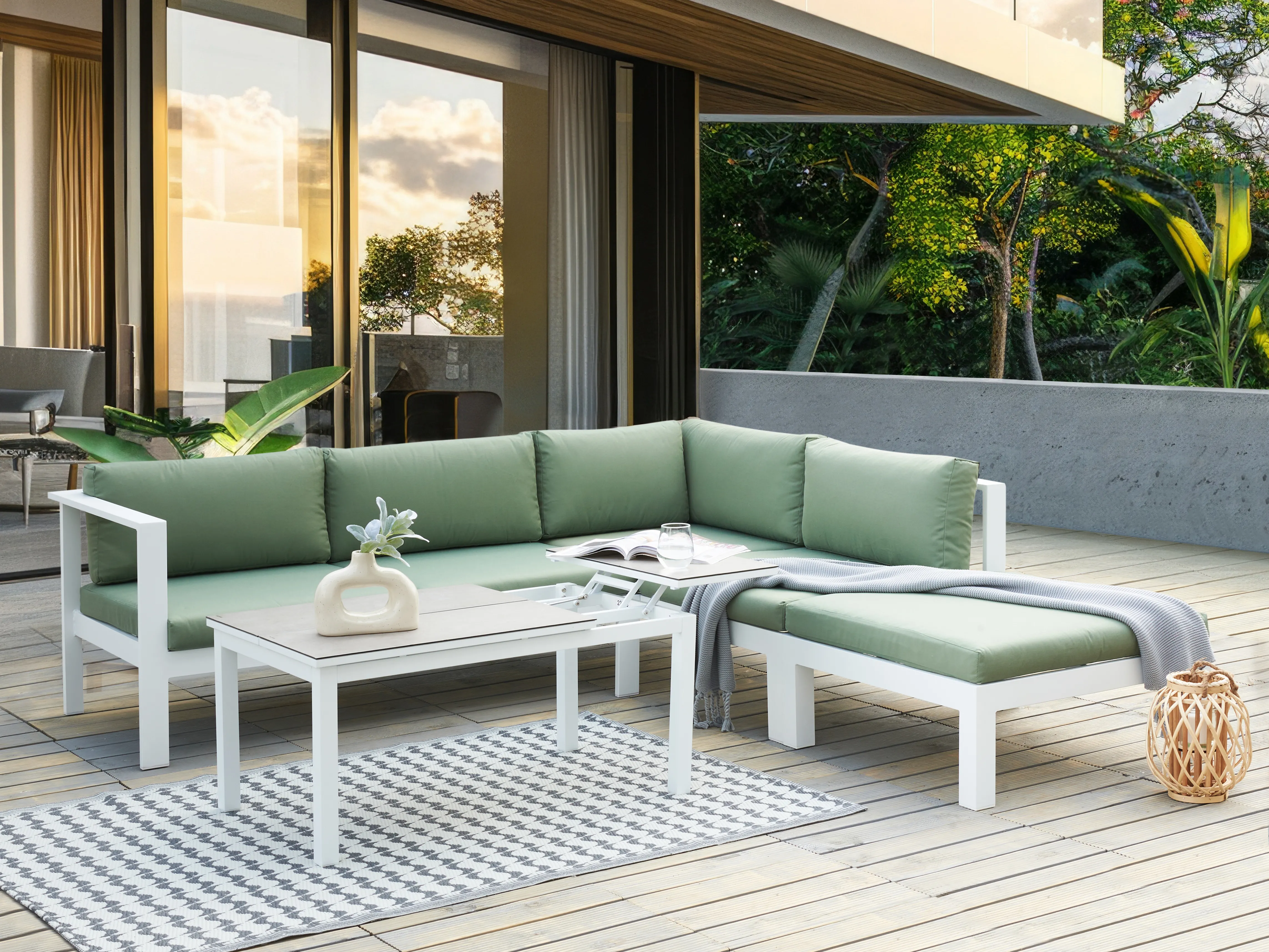 Tuin hoekloungeset met tafel 5-zits MESSINA linkszijdig Metaal Groen