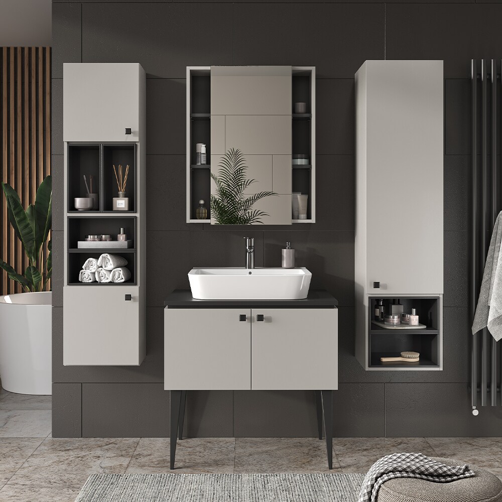 Vicco Badmöbel-Set Gerta in Grau-Schwarz, Badezimmer-Set, moderne Badserie, Spiegelschrank, Waschbeckenunterschrank, Hängeschrank