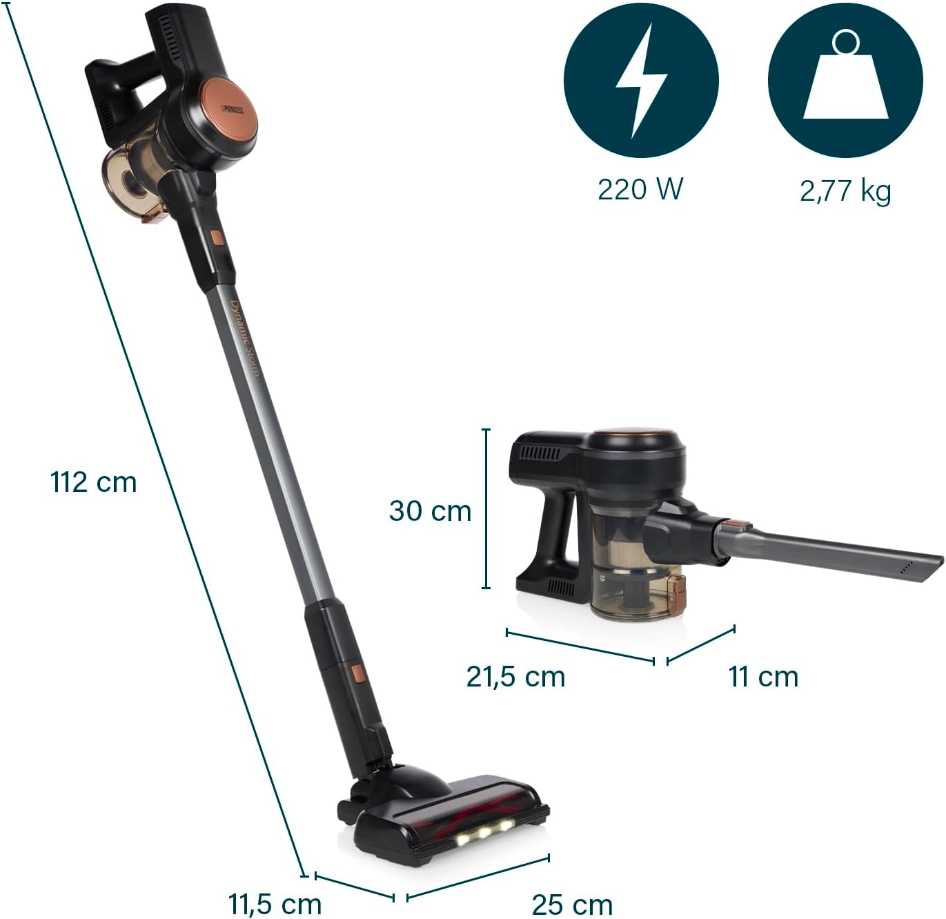 Princess Dynamic Storm – Leistungsstarker bürstenloser Motor – Hygienische Behälterentleerung – 30 min kabellos reinigen – Bürste mit LED-Licht – Parkmodus – Handstaubsauger-Modus –39390