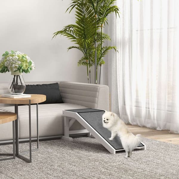 Kjæledyrrampe Med Sklisikre Teppe-Dyrestige Hunderampe For Hunder Opptil 30 Kg Furu Polyester Hvit + Grå 125 X 40 X 35,5 Cm