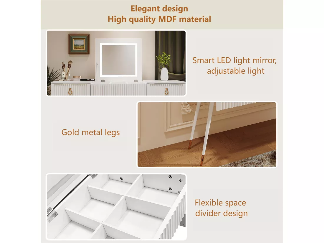 Coiffeuse - 4 tiroirs & miroir pliable à LED réglable - MDF - Blanc (tabouret non inclus)
