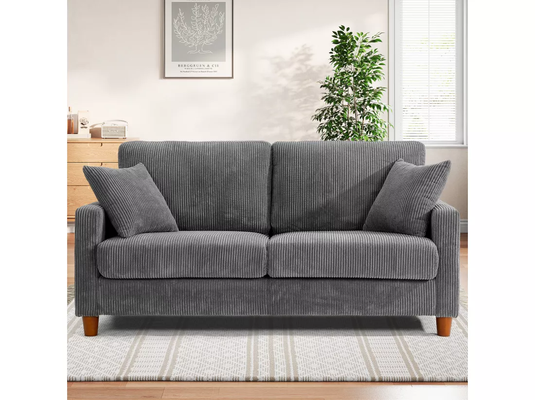 Canapé en Velours Côtelé 2 Places,Grand Canapé Droit Rembourré Moderne avec Sièges extra profonds de 56cm - 2 Coussins - 178x76x89cm - Gris