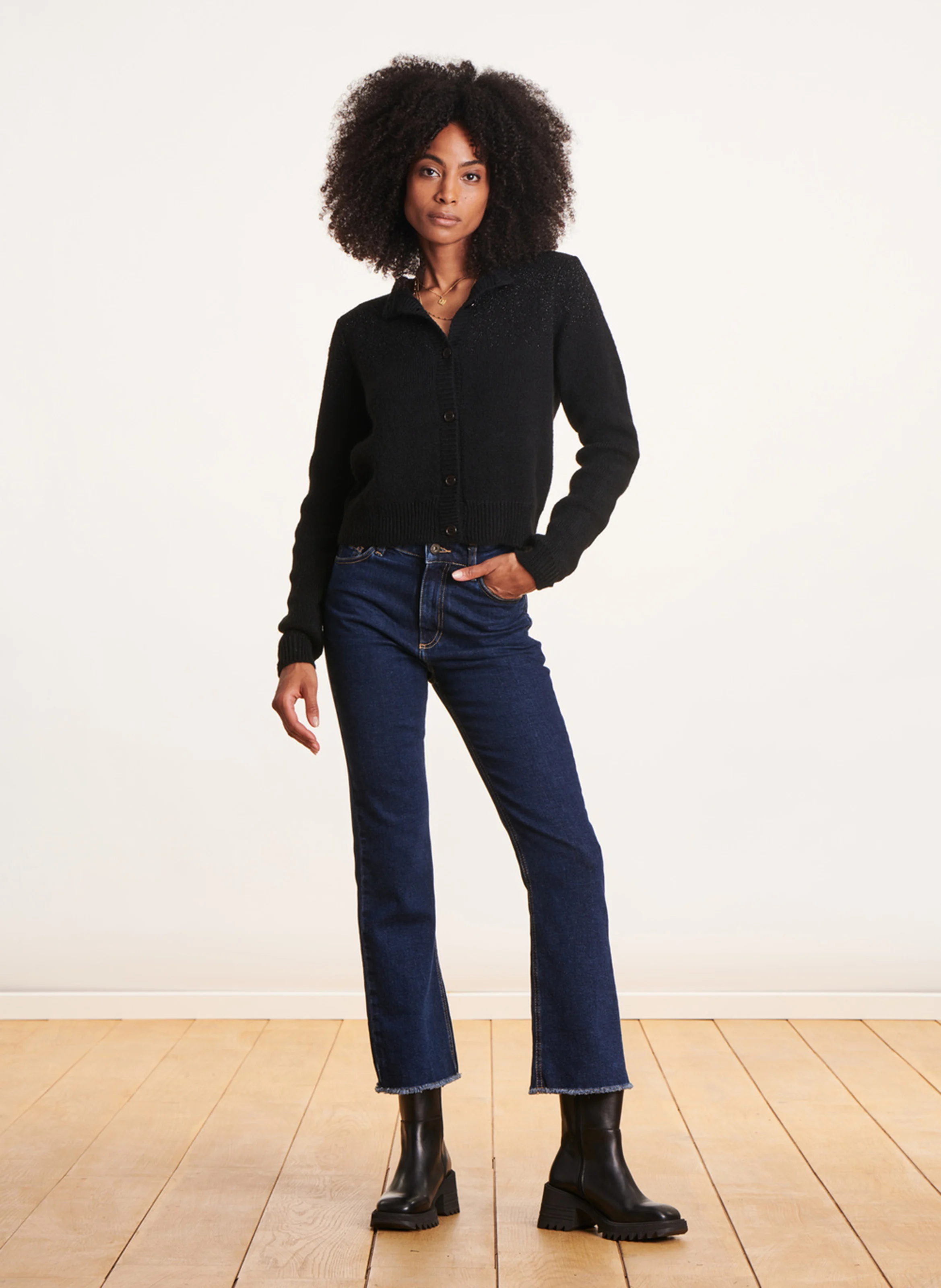 Cardigan col rond droit pailleté | Noir