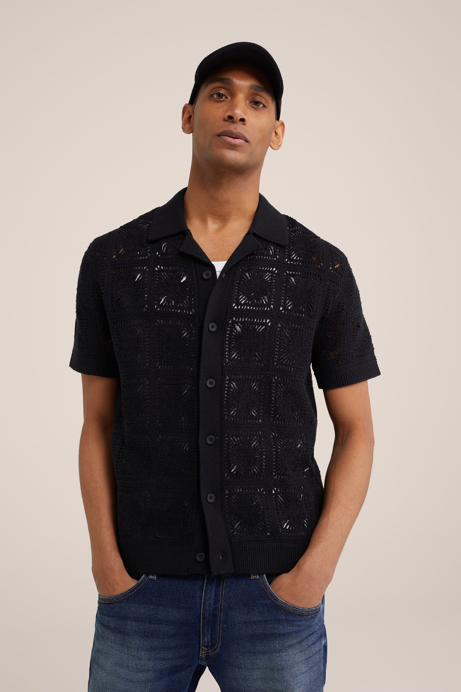 polo met opengewerkt dessin WE Fashion Zwart