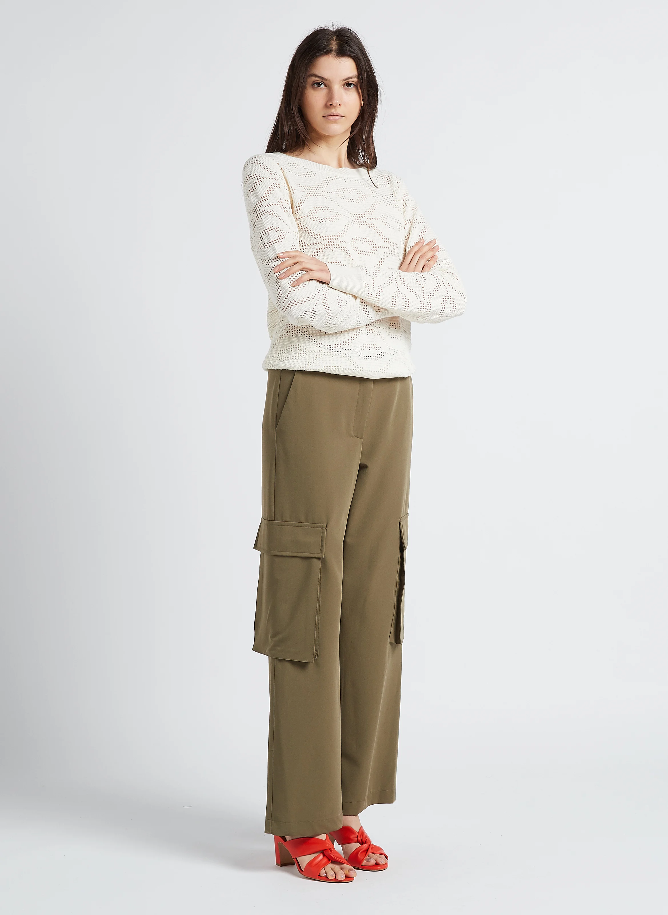PERPLEXE - Pull col rond ajouré en coton mélangé | Blanc