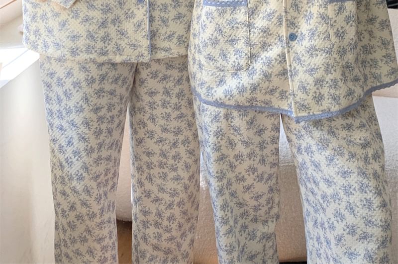 Sadelle - Bijpassende pyjamaset voor koppels: overhemd met lange mouwen en bloemenprint en knoopjes + broek