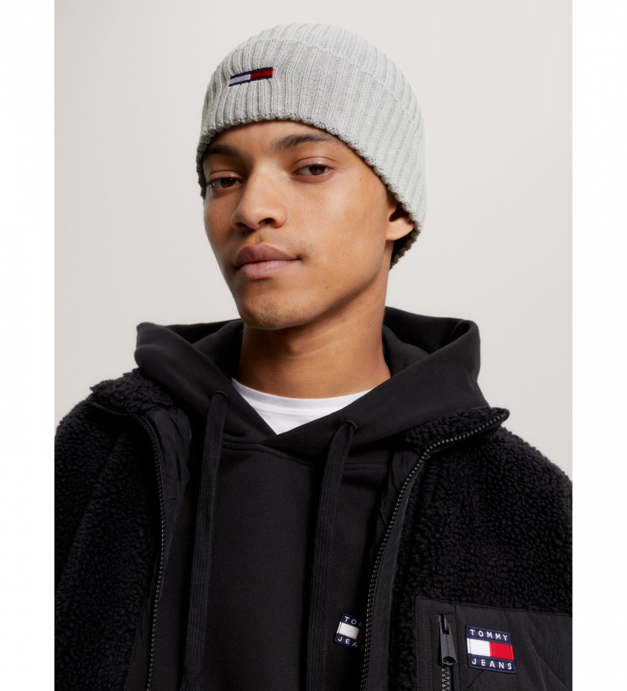 Gorro de malha elástica Tommy Jeans com logotipo bordado, cinza