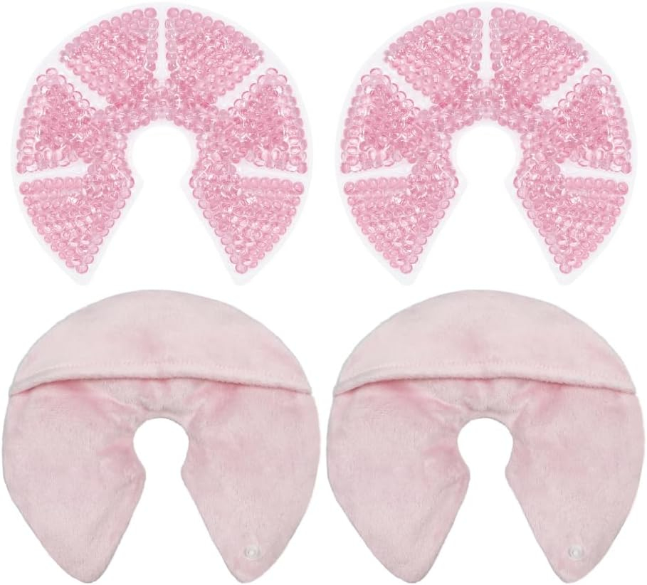 (1 Paar) Ø14cm Gel Brust Kühlpad Kalt- / Warm Still Kompresse mit weicher Kissenhülle - Rosa