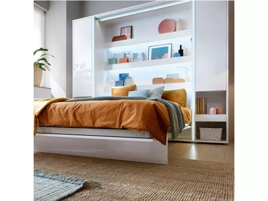 Lit escamotable horizontal avec étagères blanc brillant Noby 90x200-Avec Led sans veilleuses