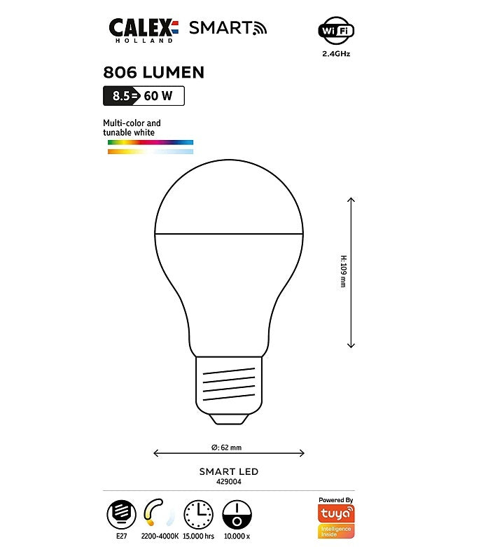 Calex E27 8.5Watt Smart Home Wifi RGB-Wit