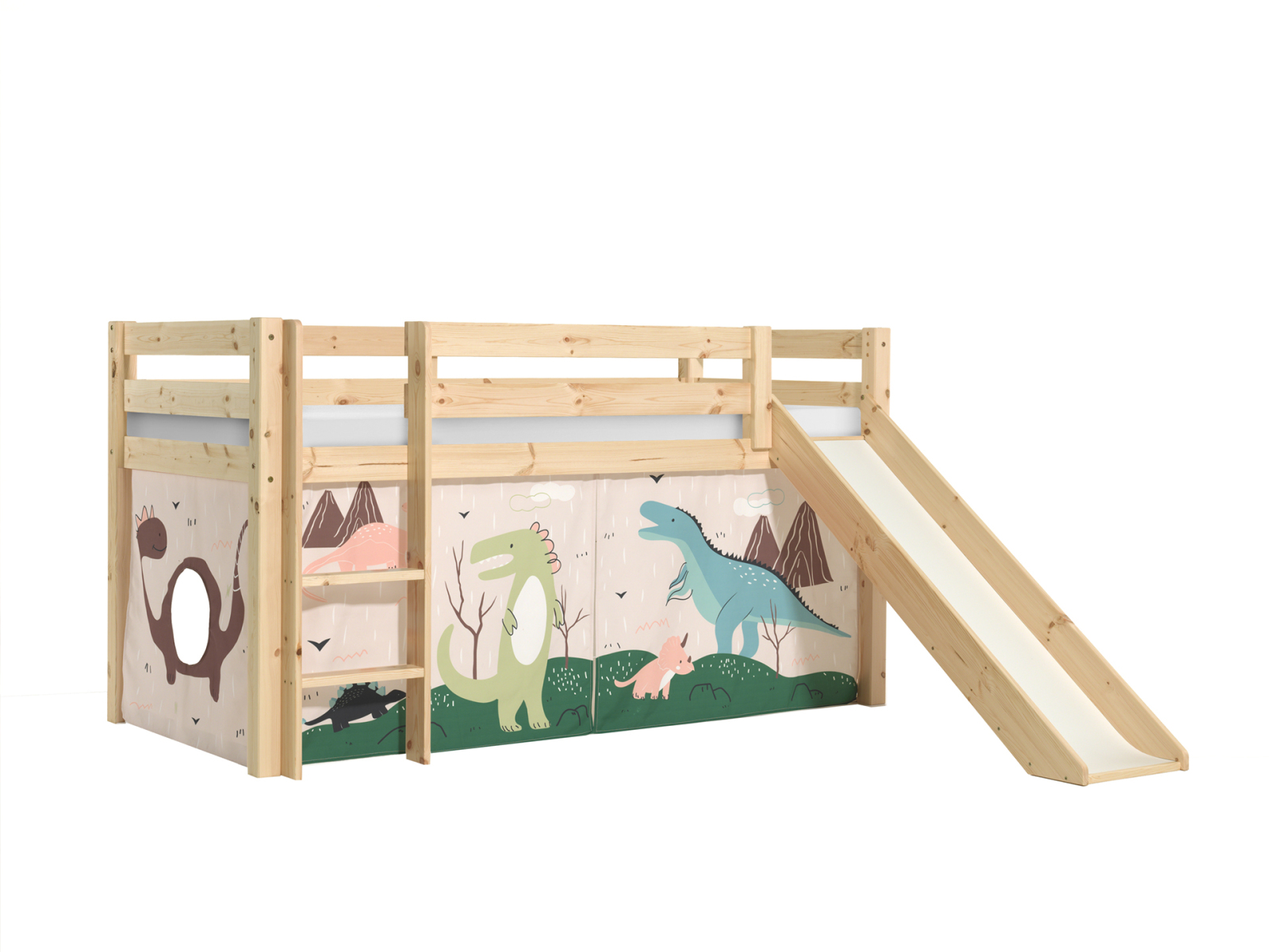 Halbhochbett PINO - DINOSAURIER - Kiefer natur Massivholz - mit Rutsche - 90x200 cm