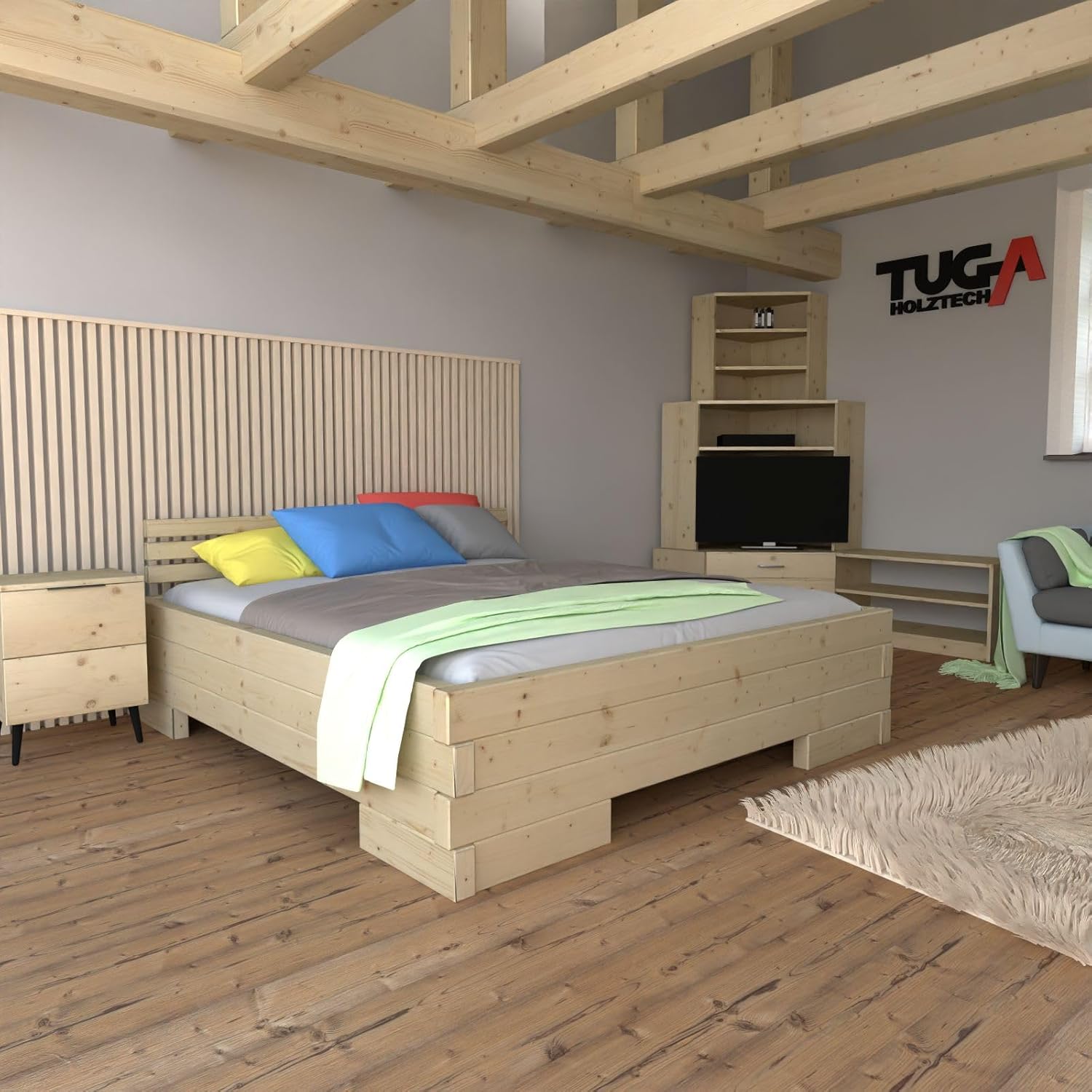 TUGA - Holztech Massives Balkenbett Doppelbett mit und ohne Überstand Daybett Boxspringbett (ohne seitlichen Überstand, 160 x 220)