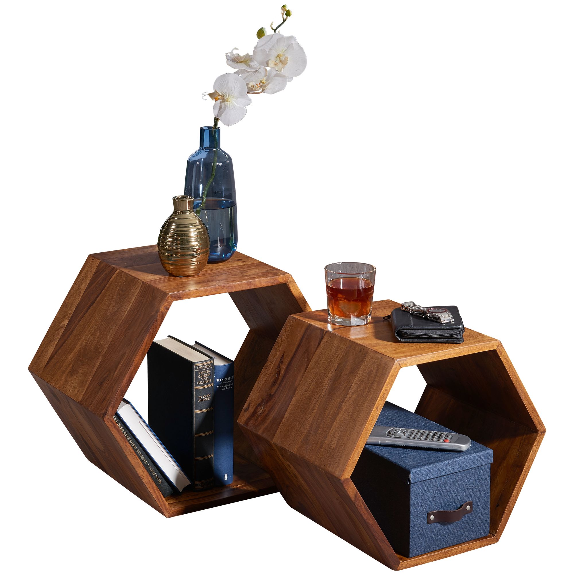 KADIMA DESIGN Sheesham Massivholz Satztisch 2er Set in Wabenform, Braunton, handgefertigt