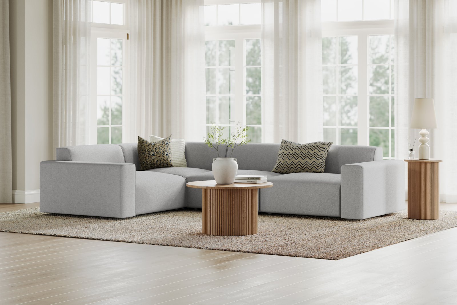 Styl hjørnesofa 1,5/3 hjørnesofa duo puter. Tekstil Lombardo 3 Grey med sorte ben.