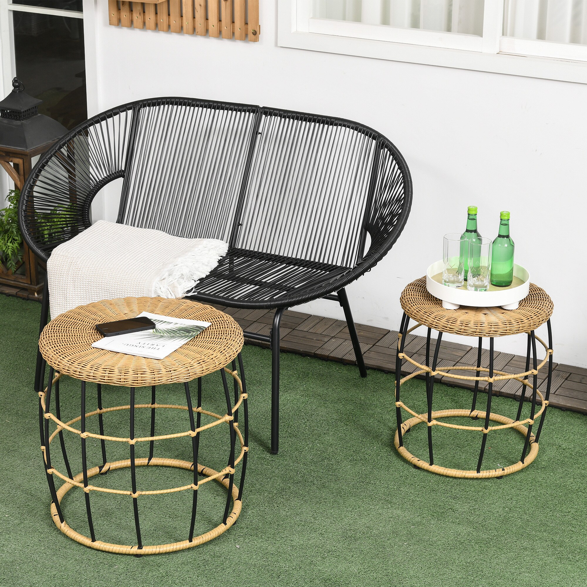 Outsunny Beistelltisch-Set mit Flechtplatte braun Ø58 x 53H cm
