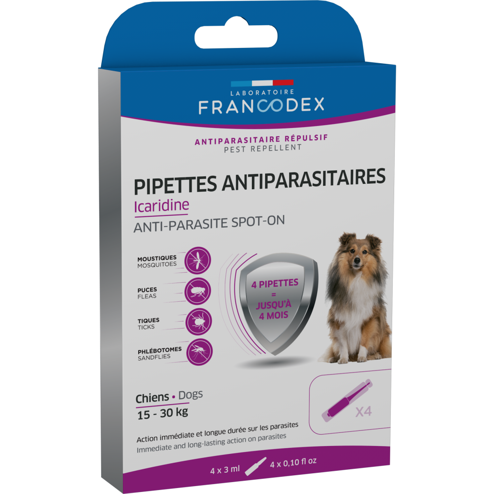 4 pipettes antiparasitaires icaridine pour chien de 15-30 kg