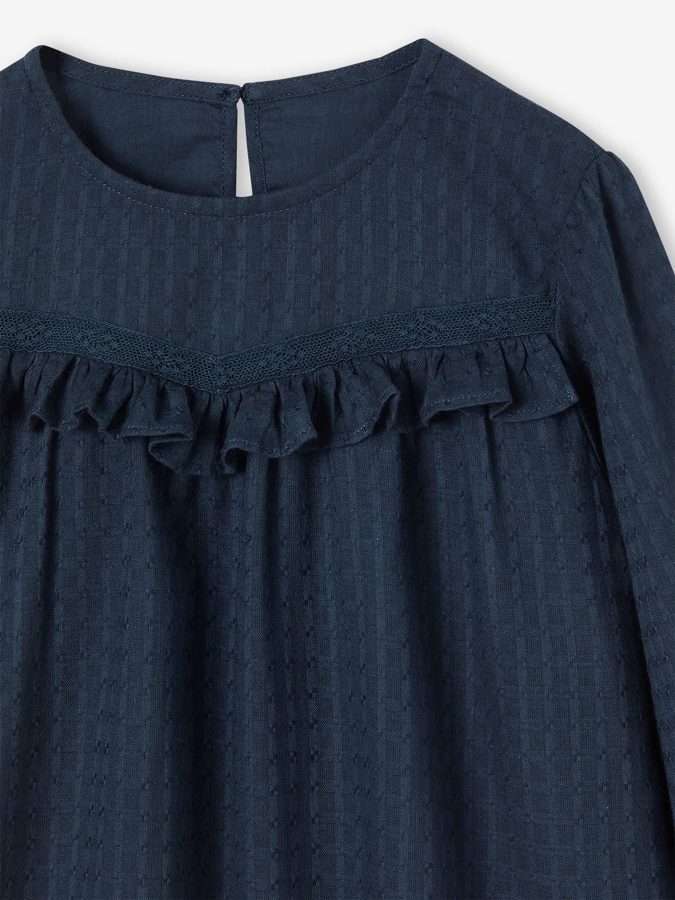 Blusa azul marinho com babados e efeito texturizado para meninas