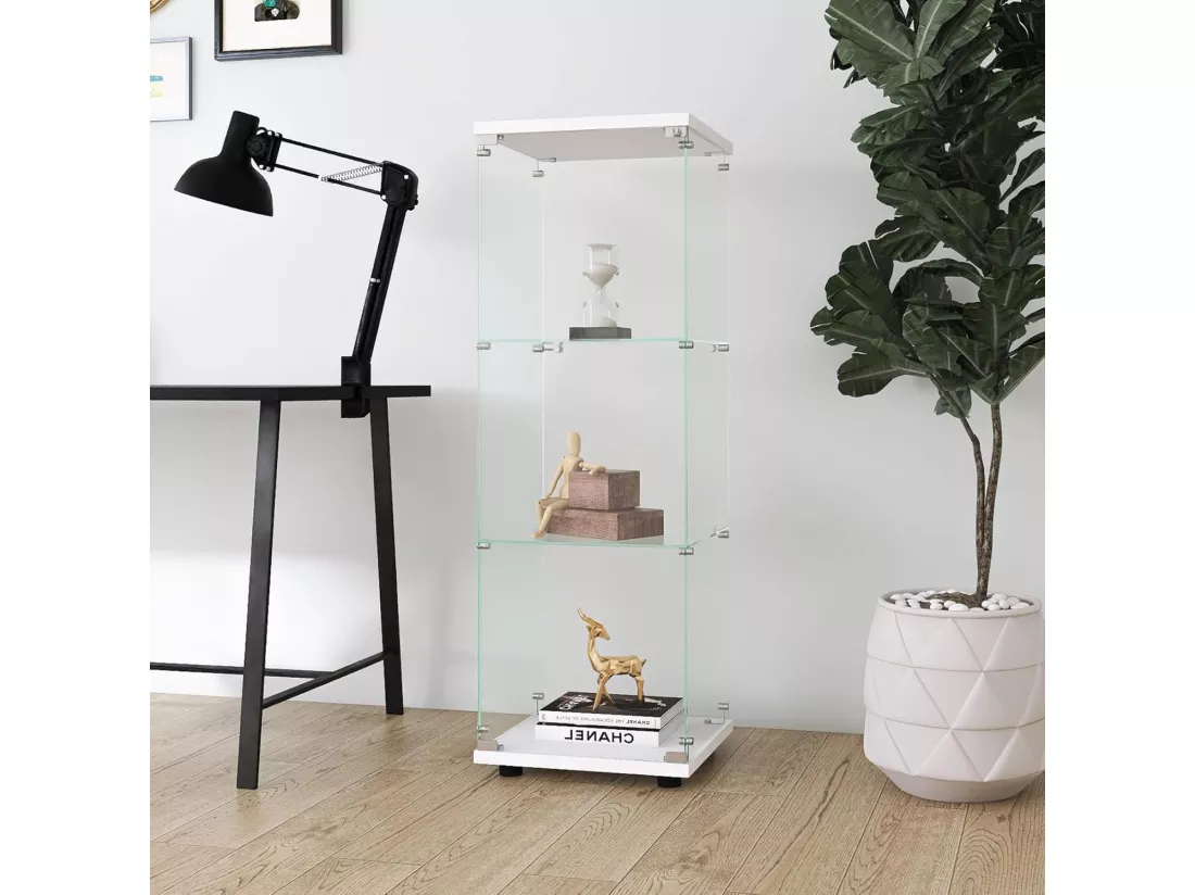 Vitrine en verre debout 46 x 36 x 125 cm, vitrine à 3 couches, moderne, en verre, pour objets de collection, livres, vin, blanc, 42 x 36 x 125 cm