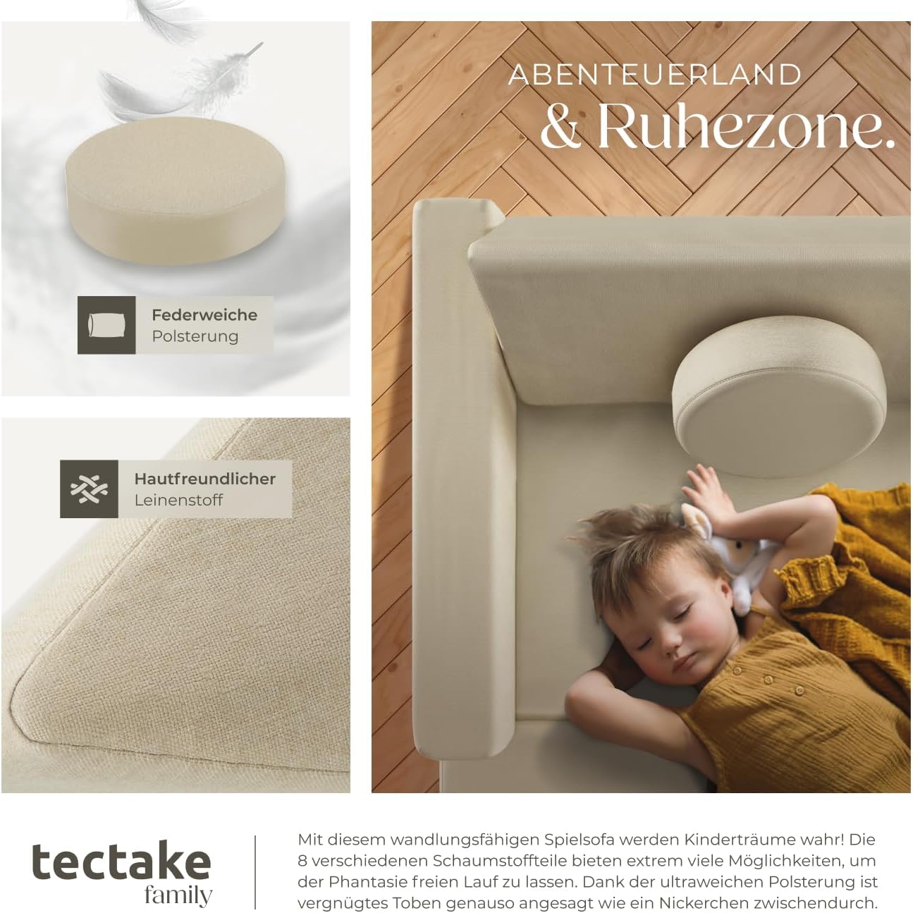 tectake® Spielsofa, Kindersofa klappbar, modulares Sofa mit Spiel- und Schlaffunktion, Möbel für Kinderzimmer, Indoor Spielplatz, Couch oder Sitzkissen, Schaumstoff Stapelsteine - 120 cm, beige