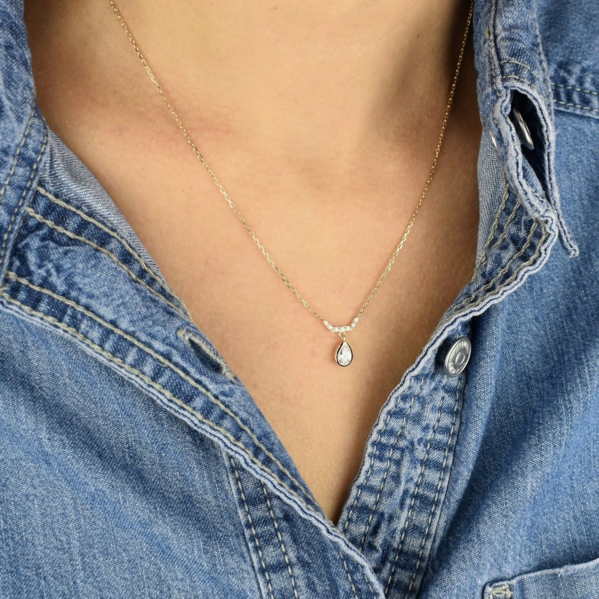 Collier goutte d'oxyde de zirconium Plaqué OR 750 3 microns