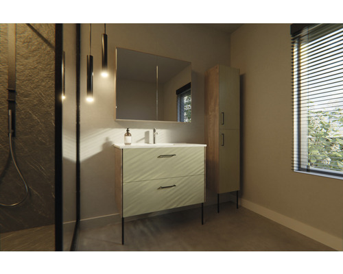 Badkamermeubelset Difference Poten BxHxD 90 x 160 x 45,5 cm Frontkleur fjordgroen met wastafel keramiek wit