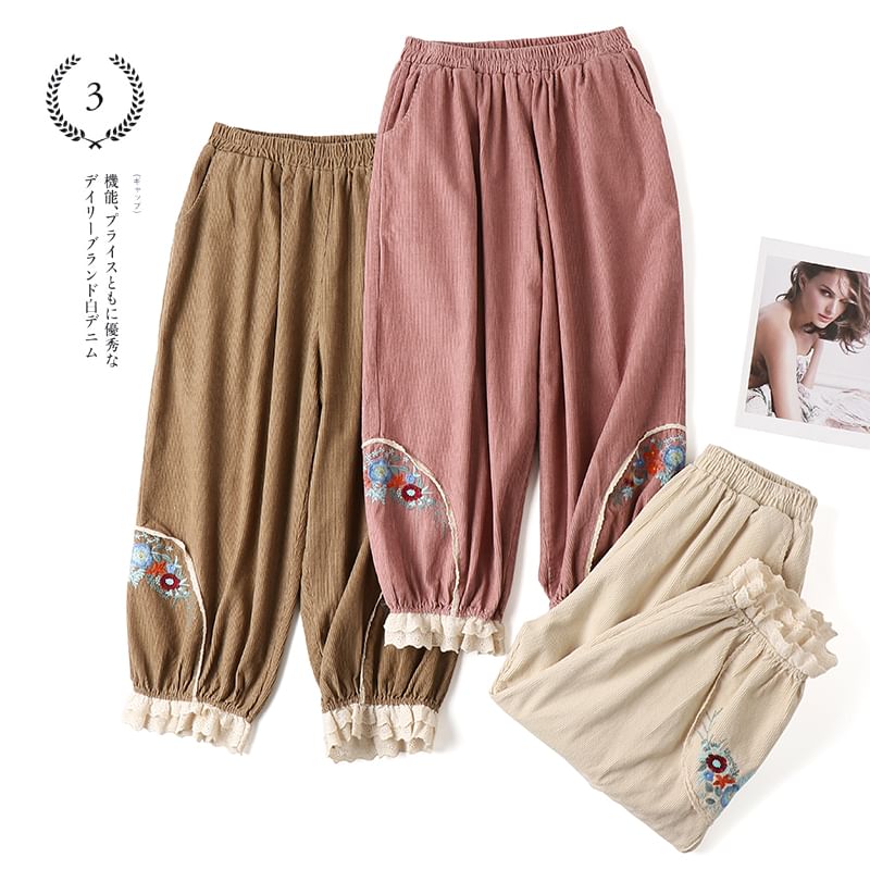 CosmoCorner - Corduroy cropped harembroek met elastische taille en bloemenborduursel