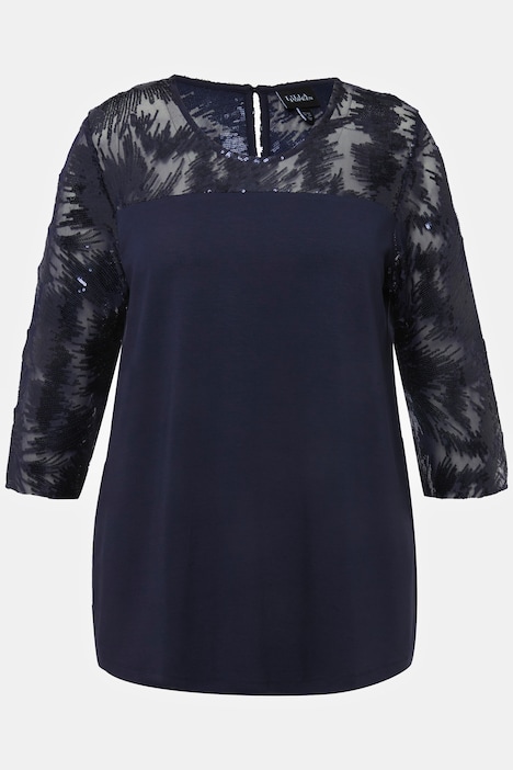 Shirtbluse, Pailletten, Stickerei, Rundhals, 3/4-Arm