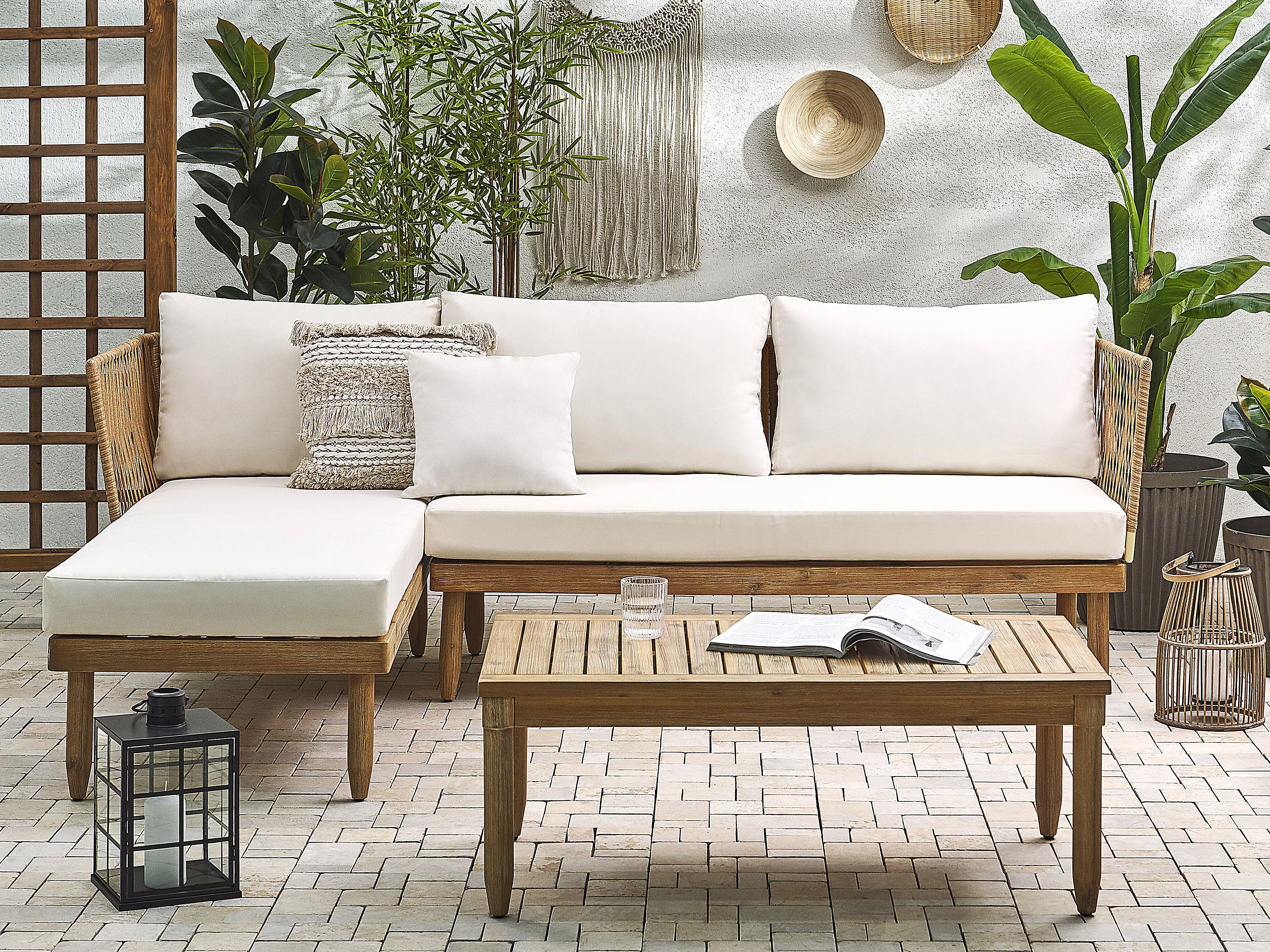Loungeset met tafel 4-zits CREMONA rechtszijdig Acaciahout Gebroken wit