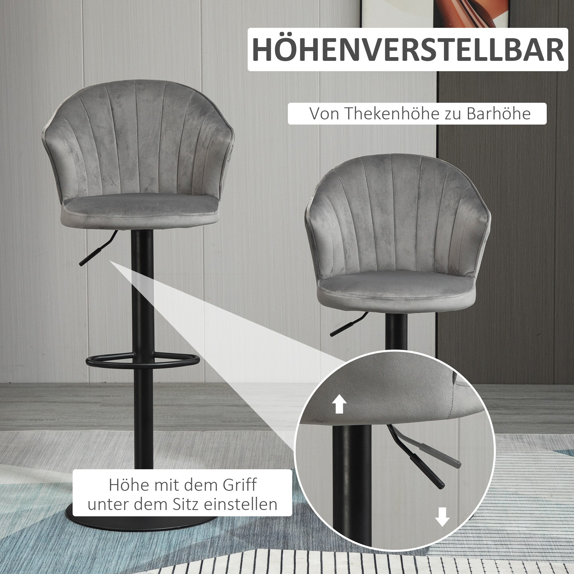 HOMCOM Barhocker 2-er Set, Rutschfeste Gummipads, mit Fußablage Grau 51 x 53 x 92-112 cm (BxTxH)