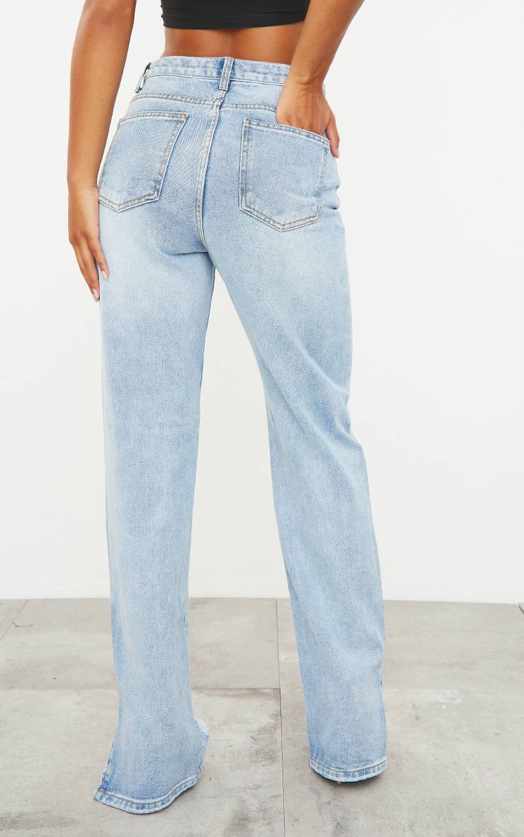 Light Blue Wash Jean Droit Effet Usé À Ourlets Fendus
