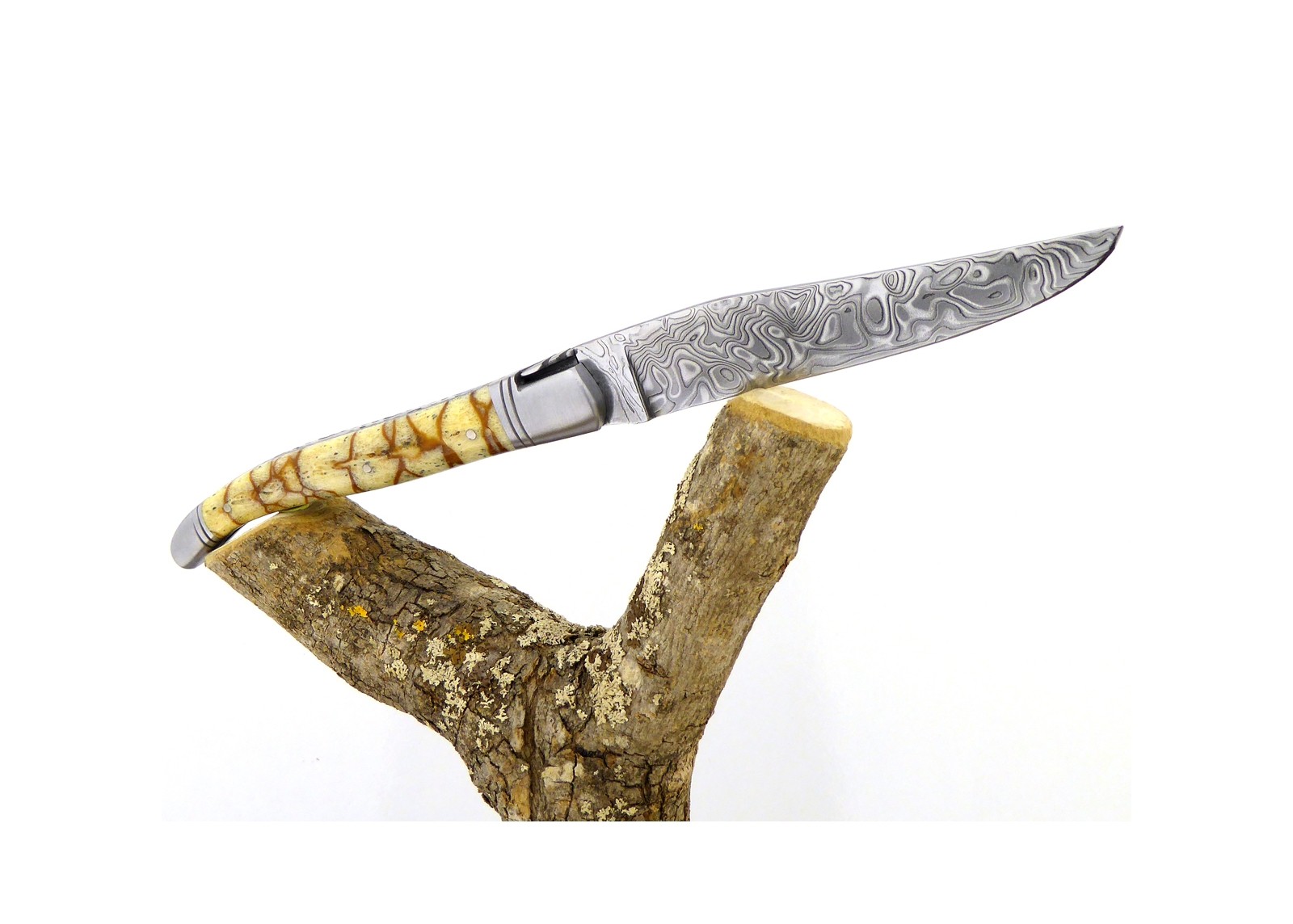 VENDU - Couteau Laguiole avec un manche en corail Fossile Tigré et une lame Damas