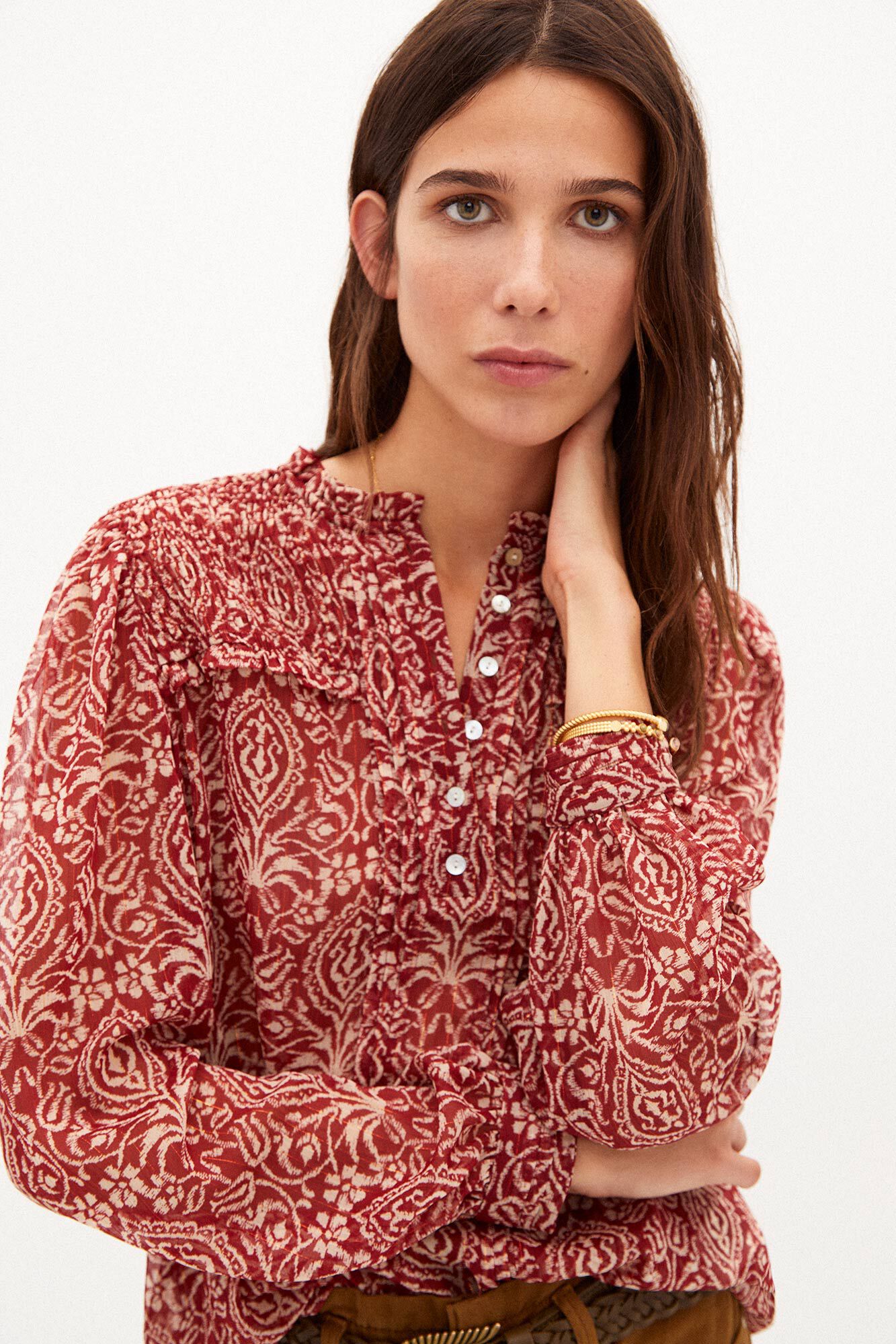 Blusa Sadie Flowy com estampa Lurex - Bege