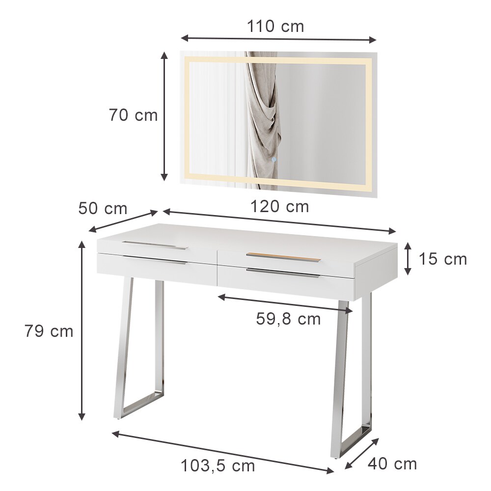 Vicco Schminktisch Alexia Weiß mit Spiegel, 120 x 50 cm, Frisiertisch, Schubladen