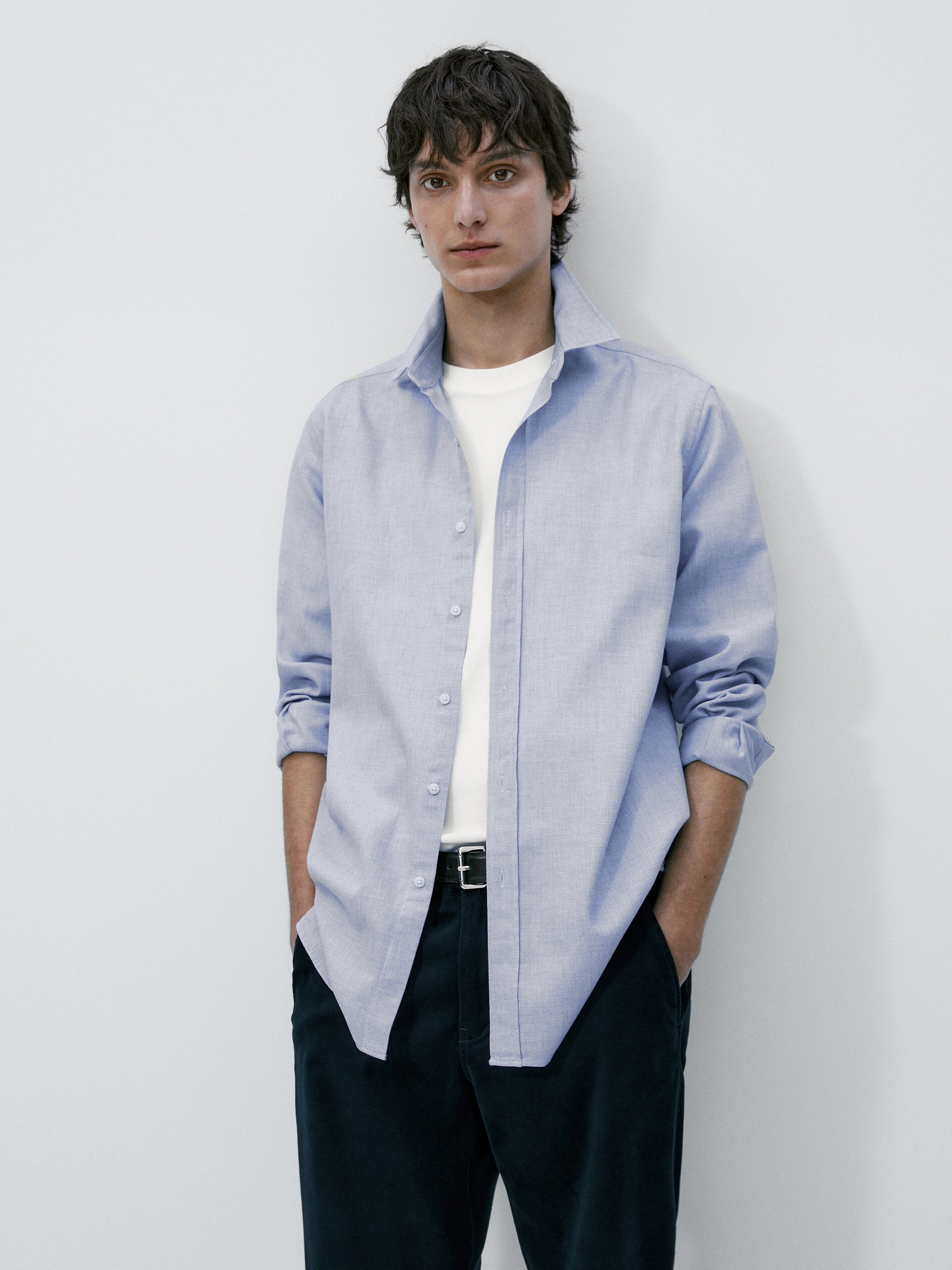 Camisa slim fit em algodão mesclado - AZUL CLARO