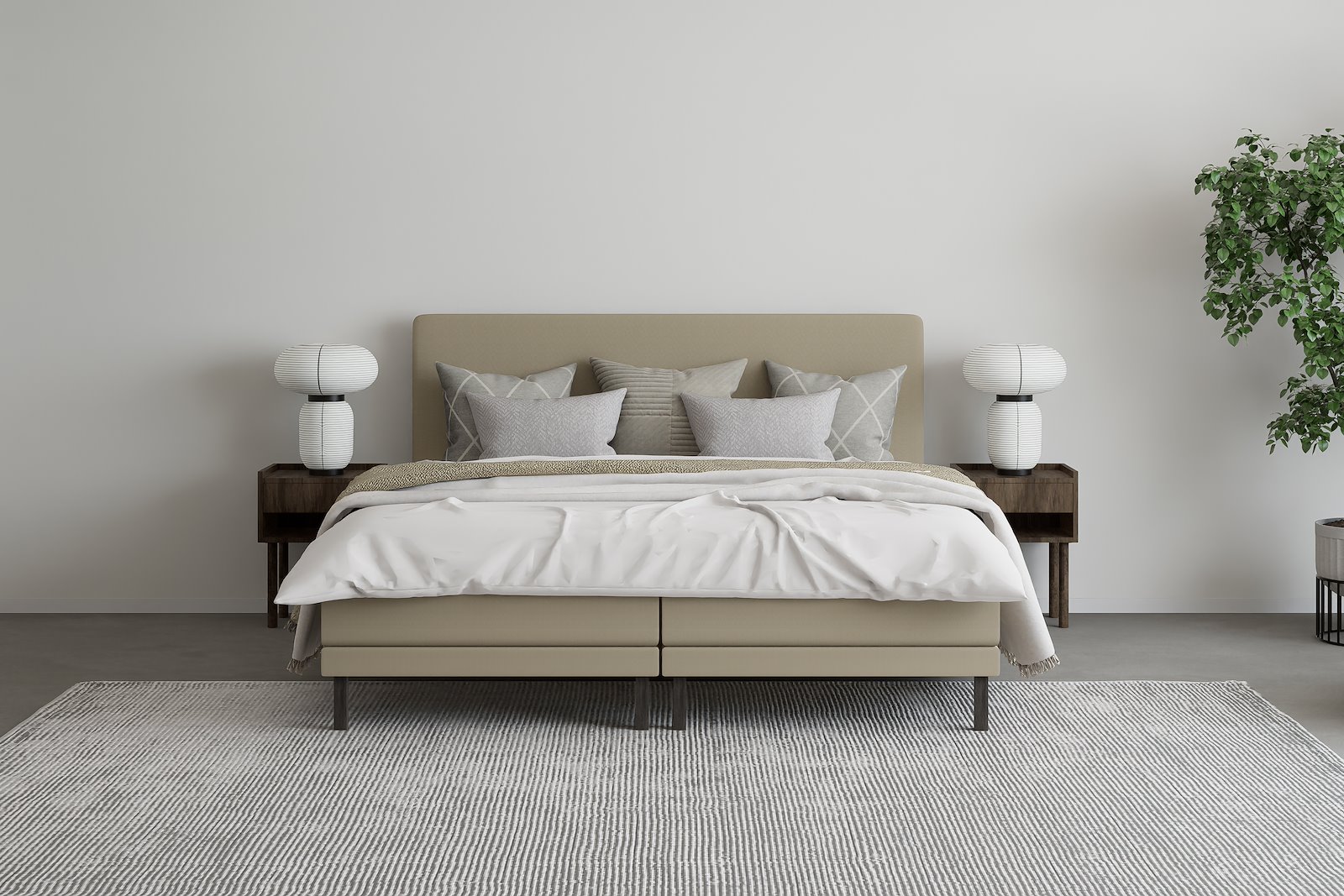 XOV Komfort 5 regulerbar seng 180x200 cm Tekstil Primo 05 beige, Komfort 5 overmadrass og sorte firkantede ben, gavl selges separate.