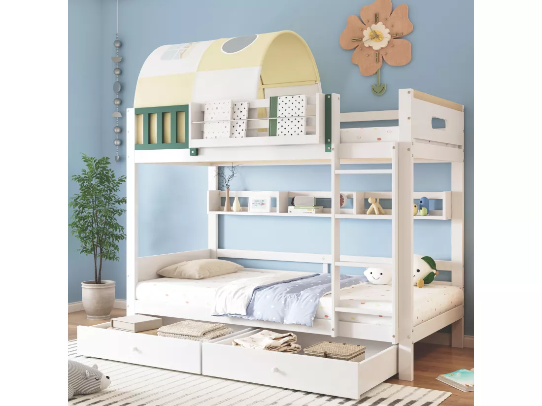 Lits superposés 2 x 90 x 200 cm avec 2 tiroirs, étagères de rangement et petite tente - Bois massif + MDF - Sommier à lattes - Blanc