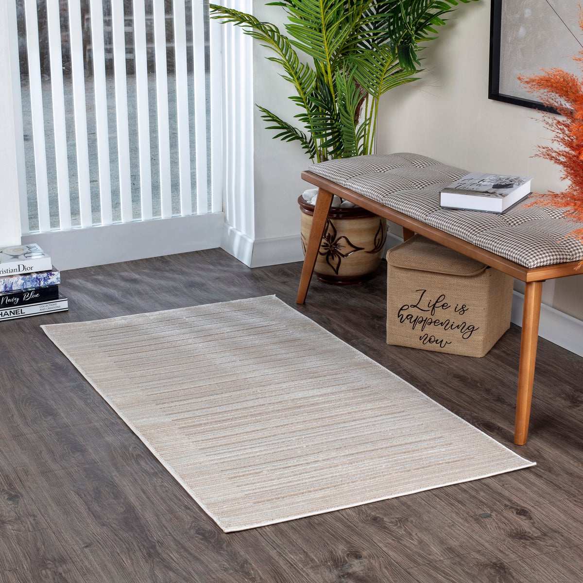 Scandinavisch gestreept vloerkleed beige/wit 80x150 cm KAYSA