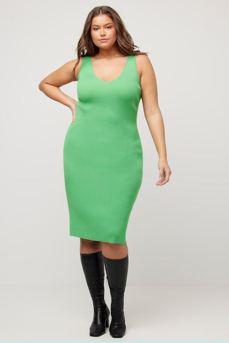 Strickkleid, Rippstrick, Slim, Midilänge, V-Ausschnitt, ärmellos