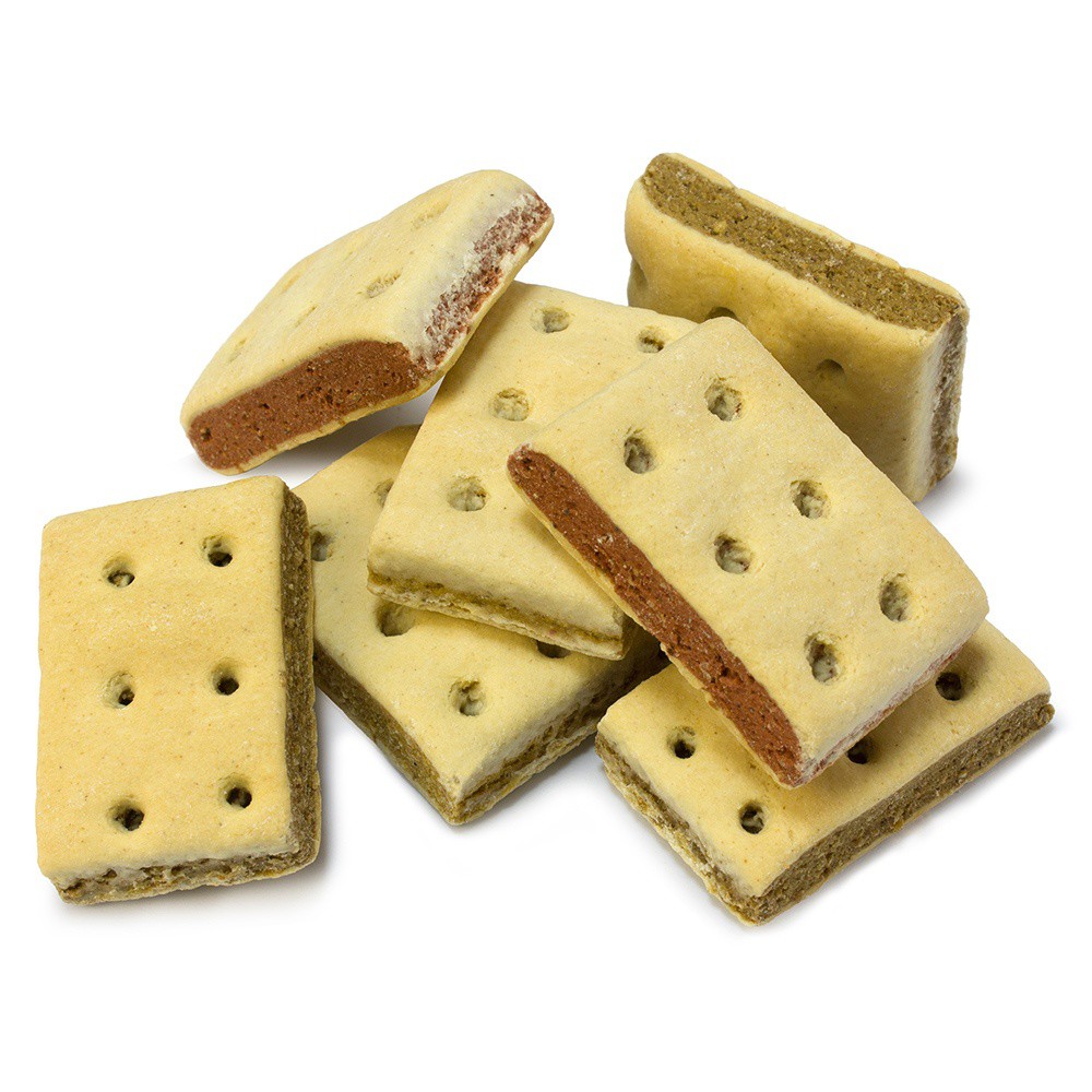 Biscoitos retangulares tipo sanduíche Arquivet para cães, sabor neutro.