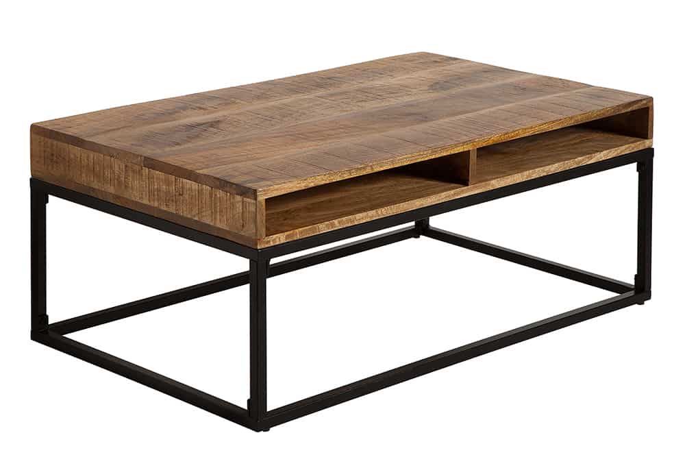 Massiver Couchtisch IRON CRAFT 100cm Mangoholz mit Schublade schwarzes Metallgestell