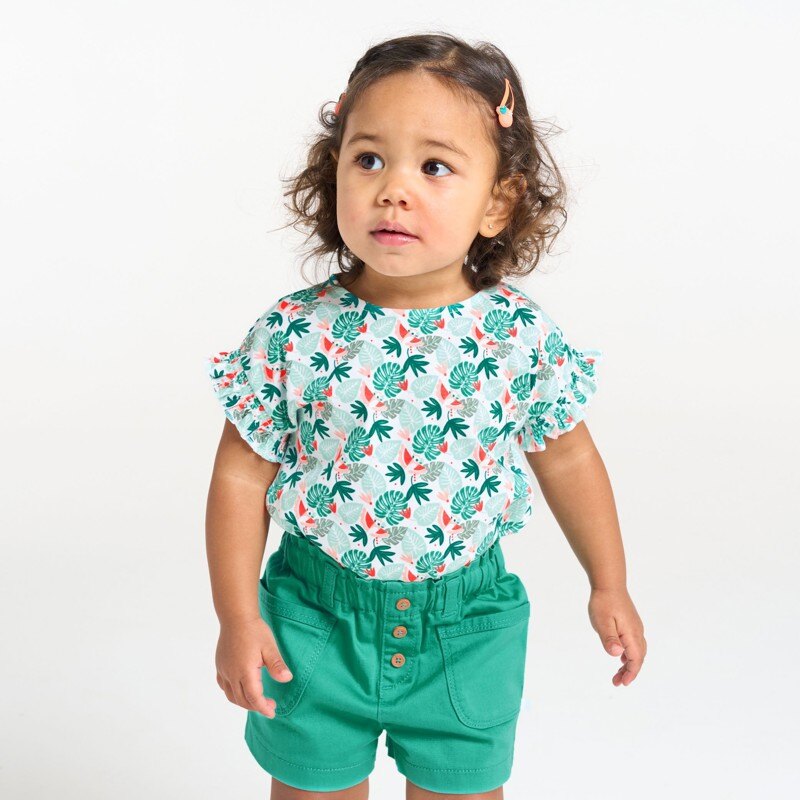 Tee-shirt imprimé tropical et short micro twill de coton vert bébé fille Vert